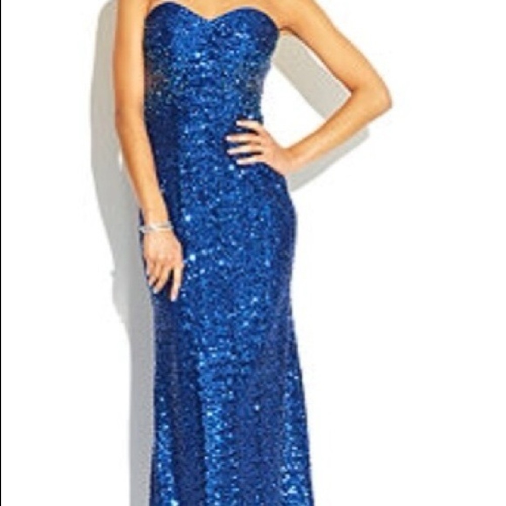 069 Stunning Blue Sequin Strapless Gown